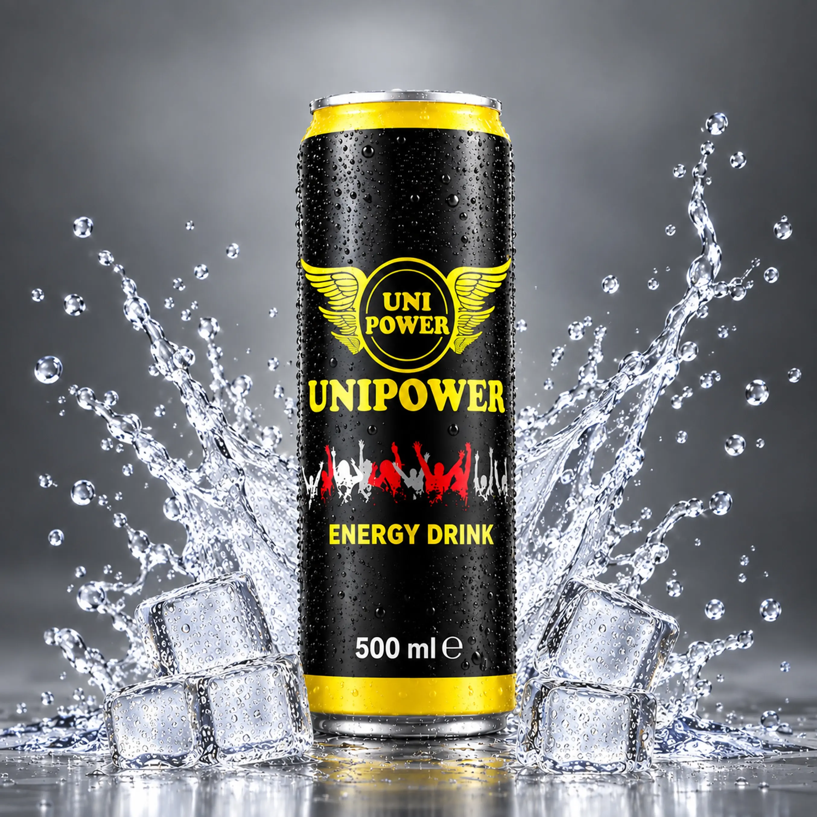 Uni Power Energy Drink 500ml black and gold can.